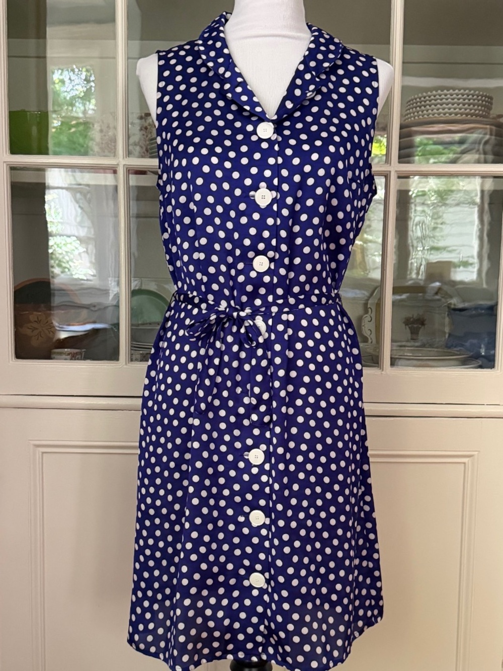Agnes B. Blue & White Polka Dot Silk Dress, Size 42/US 10, Button Down, Sash